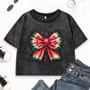 Summer Watermelon Bow Printing Women Washed T Shirt Cotton Casual Short Sleeve Crewneck Crop Top T Shirts