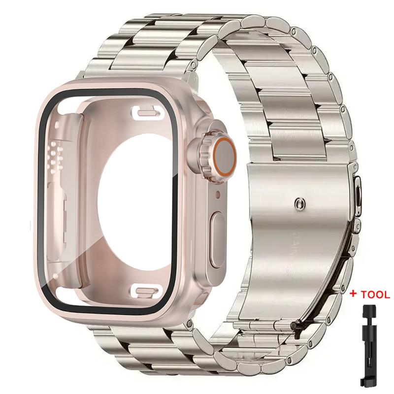 Glass Case+Metal Stainless Steel Strap For Apple Watch S11 S10 42mm 46mm 45mm 44mm 41mm 40mm iWatch Series 11 10 9 8 7 6 5 4 se