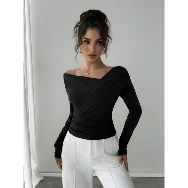 2025 Autumn Winter New Solid Color Fashion Off-shoulder Collar Slim Long Sleeves Versatile Commuter Top