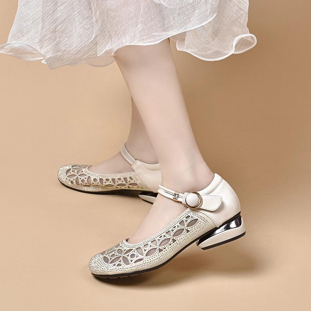 

Туфли-лодочки с круглым носком, женские, весна-лето, новые, с пряжкой, Мэри Джейн, сетчатая пряжа, горячая страза, дышащие, с мелким вырезом 40 бежевый