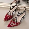 Women's Chinese Style Closed Toe T-Strap Stiletto Heels, Printed Denim Summer Dress Sandals