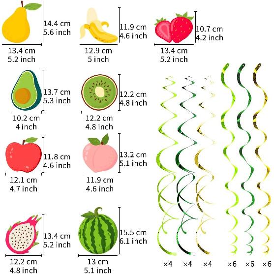 30PCS Fruit Hanging Swirls Decorations Twotti Frutti Birthday Party Decor Summer Tropical Fruit Themed Ceiling Streamer for Birthday Baby Shower