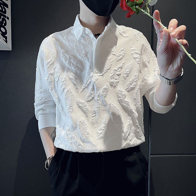 Stylish Jacquard Weave Basic Shirts Men's Clothing Solid Color Summer Business Casual 3/4 Sleeve Loose Turn-down Collar Shirts