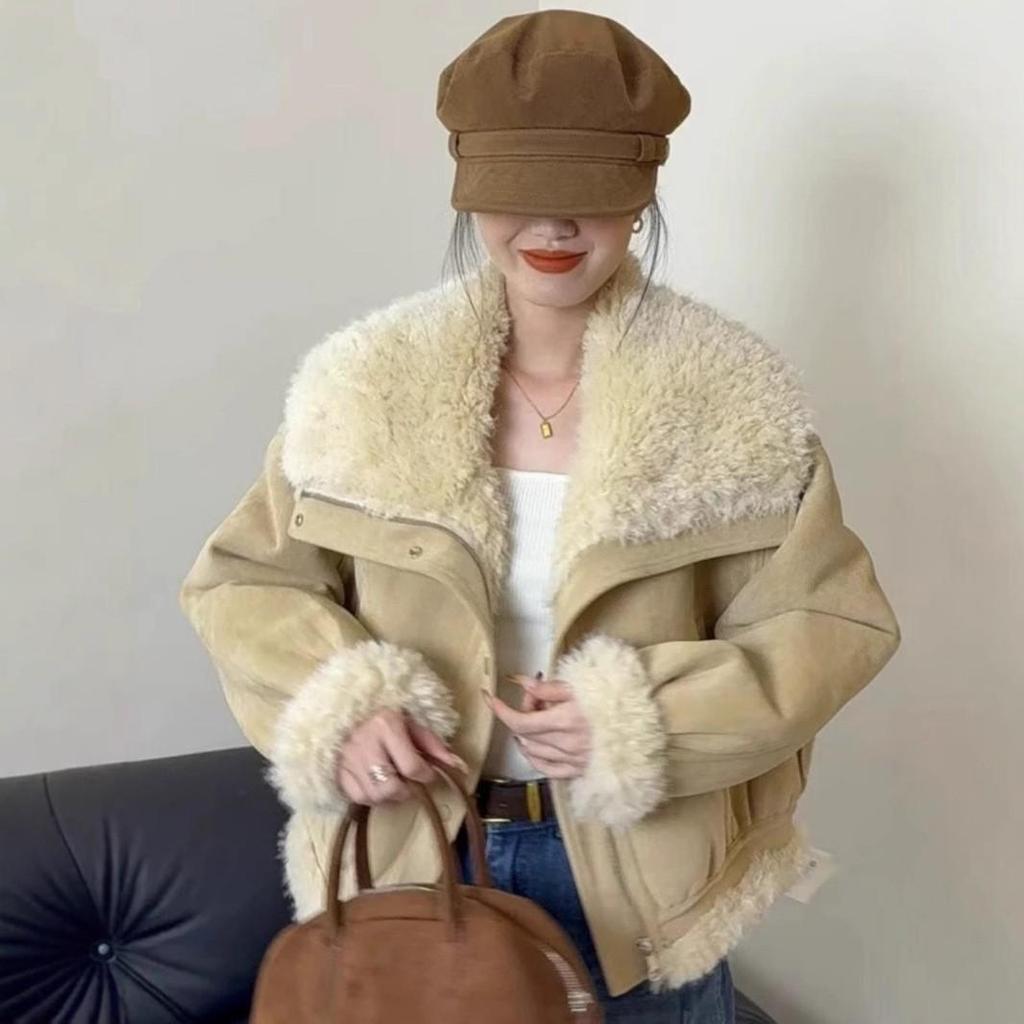 Korean Style Large Lapel Lamb Wool Women's Coat - Autumn/Winter Fashion, Slimming, Versatile, Thickened Short Motorcycle Jacket