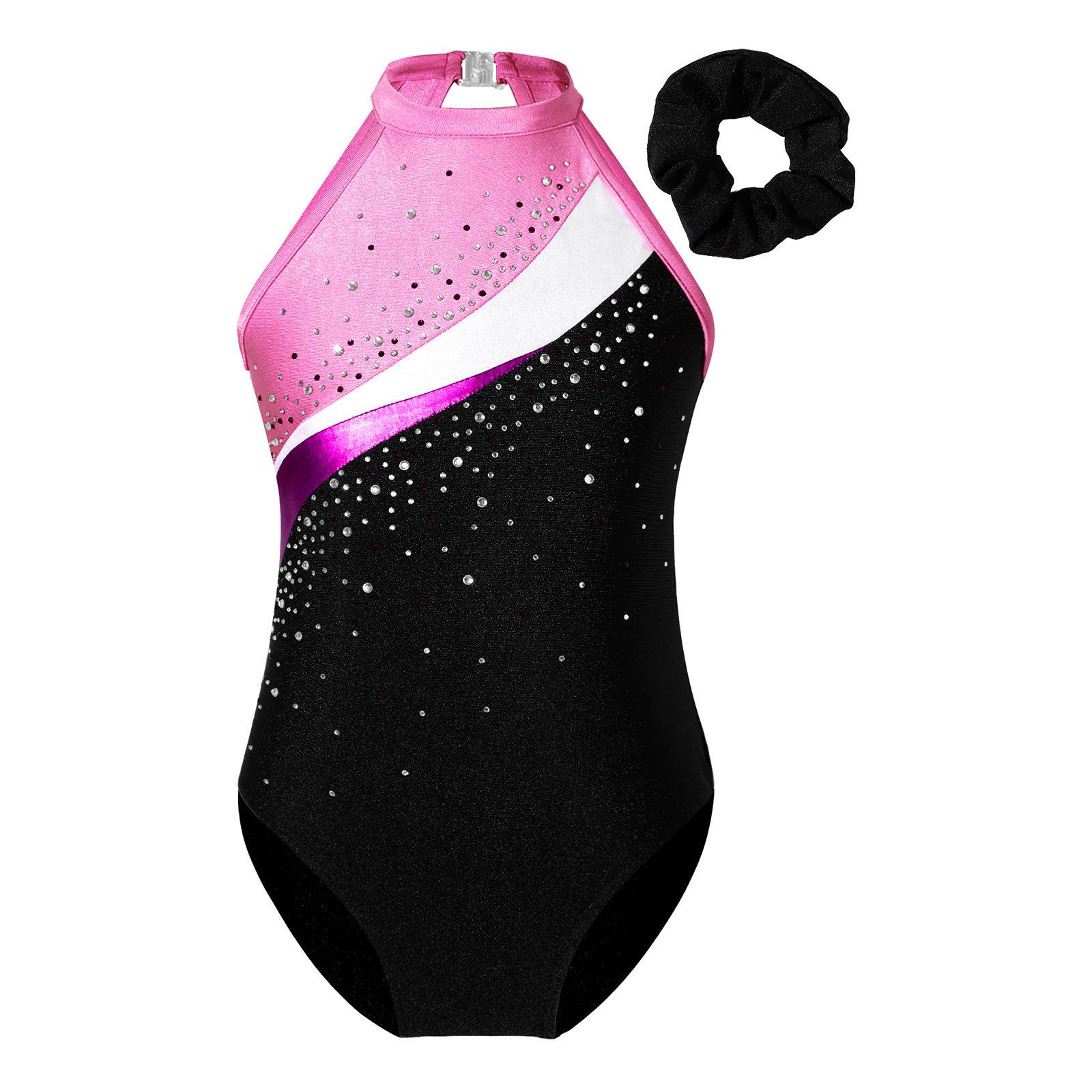 

Girls Performance Leotard Sleeveless Round Neck Hollow Back Style Shiny Rhinestone Dance Practice Wear 7-8 Years рожевий