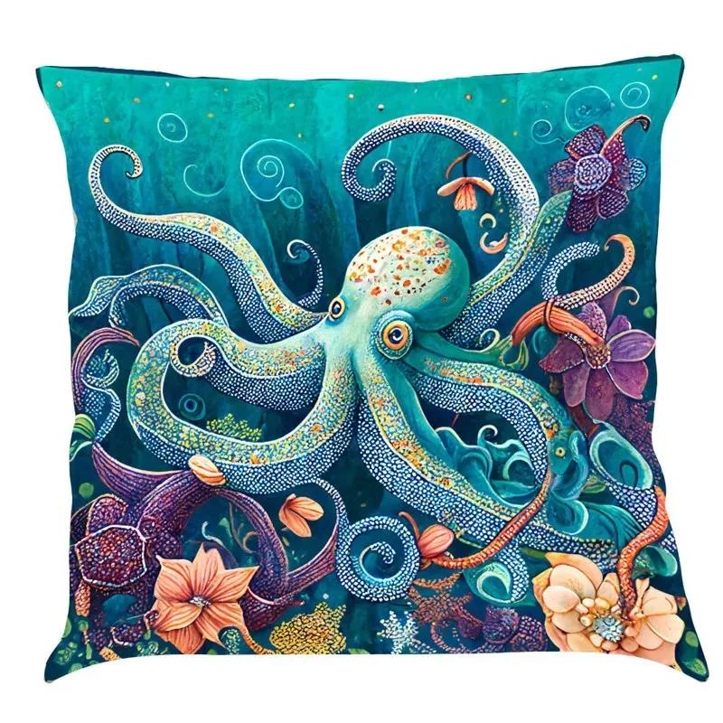 Luxury Home Decoration Pillowcase Car Living Room Sofa Cushion Cover Marine Life Painting Pattern Cushion Cover