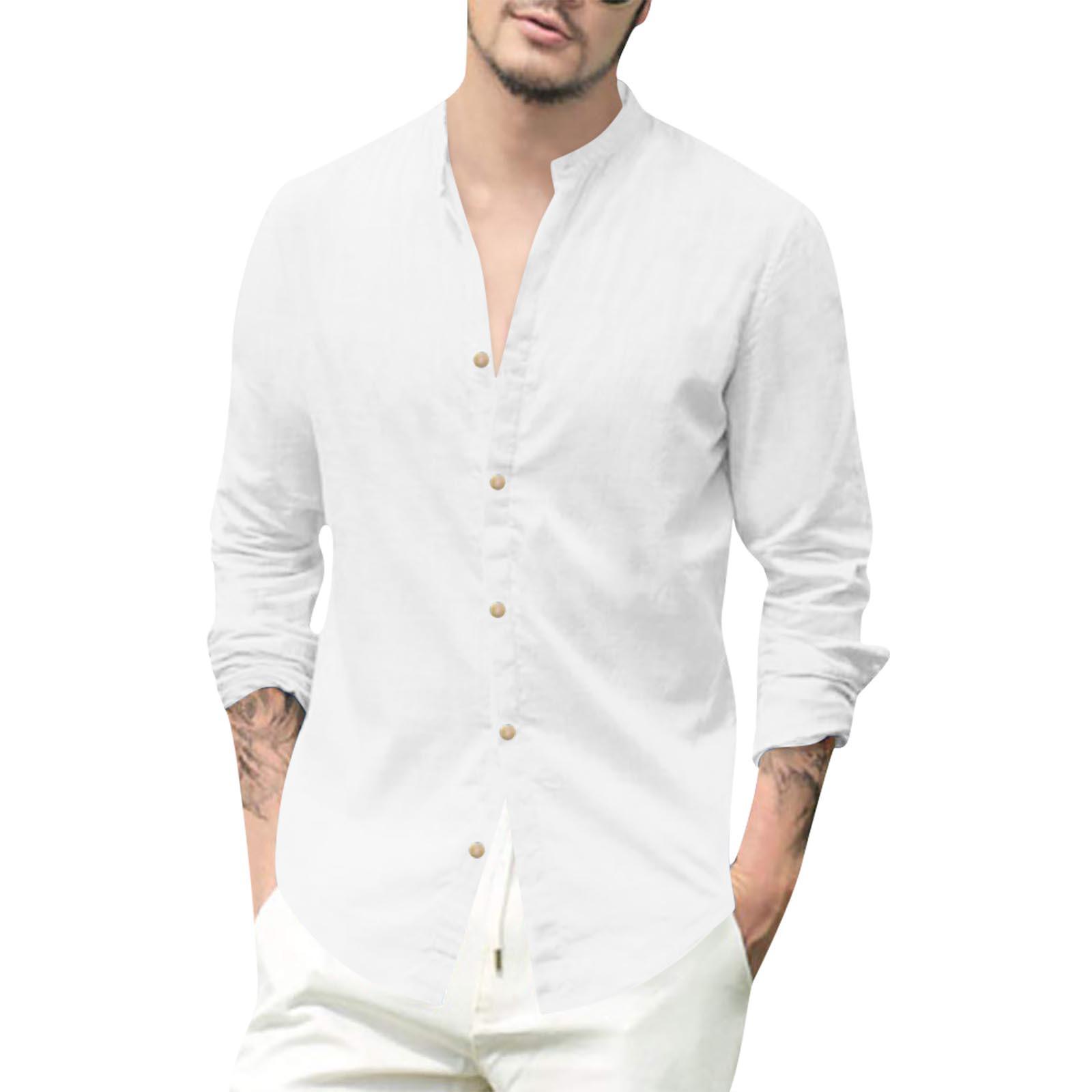 

Дизайнерские весенне-летние мужские повседневные рубашки из хлопка и льна, однотонные рубашки с длинными рукавами, свободные рубашки с воротником-стойкой XL белый