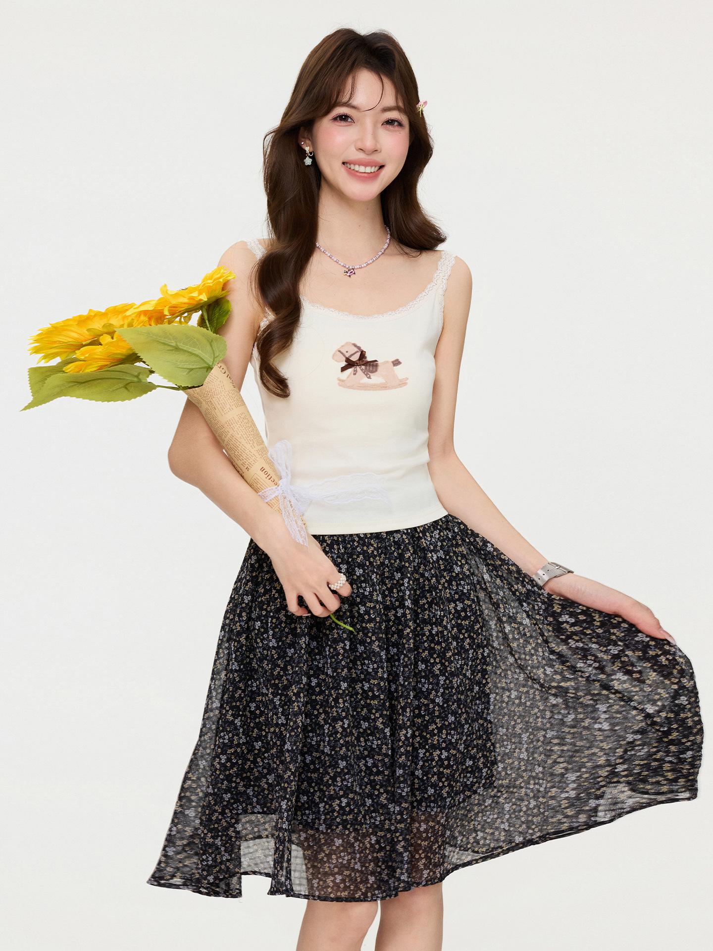 Vintage Pony Printed Bow Suspender Vest Women s Summer Spice Girl Inner Lace Lace Skinny Top S