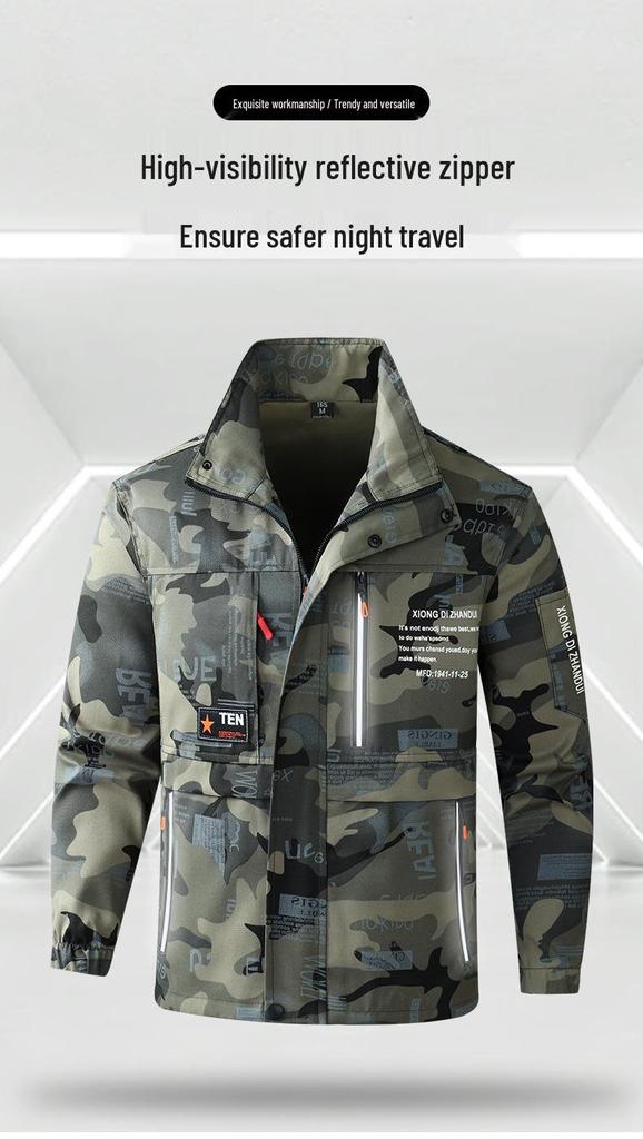 Men's Camouflage Workwear Set, Wear-Resistant Polyester-Cotton with Reflective Strips, Thickened for Spring & Autumn Outdoor Use