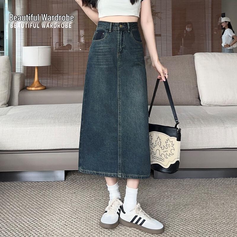 Women s Retro High-Waist A-Line Slit Denim Midi Skirt 2XL
