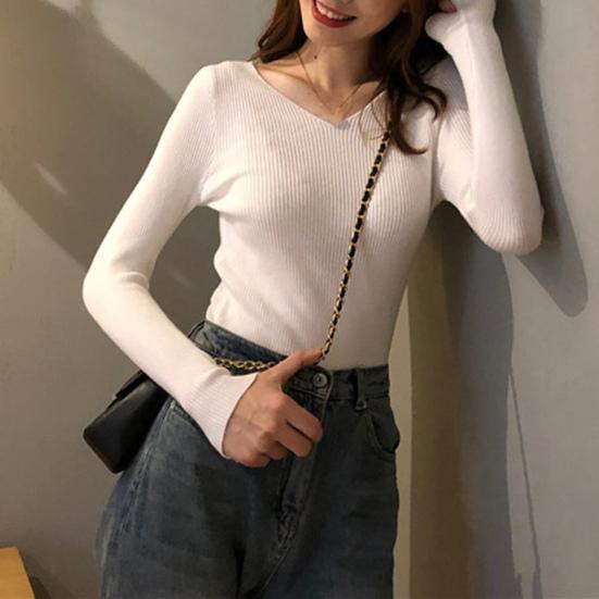 Women Tops V-neck Long Sleeve Slim Fit Pullover Sweater Solid Color Ribbed Bottom Sweater Elastic Knitwear