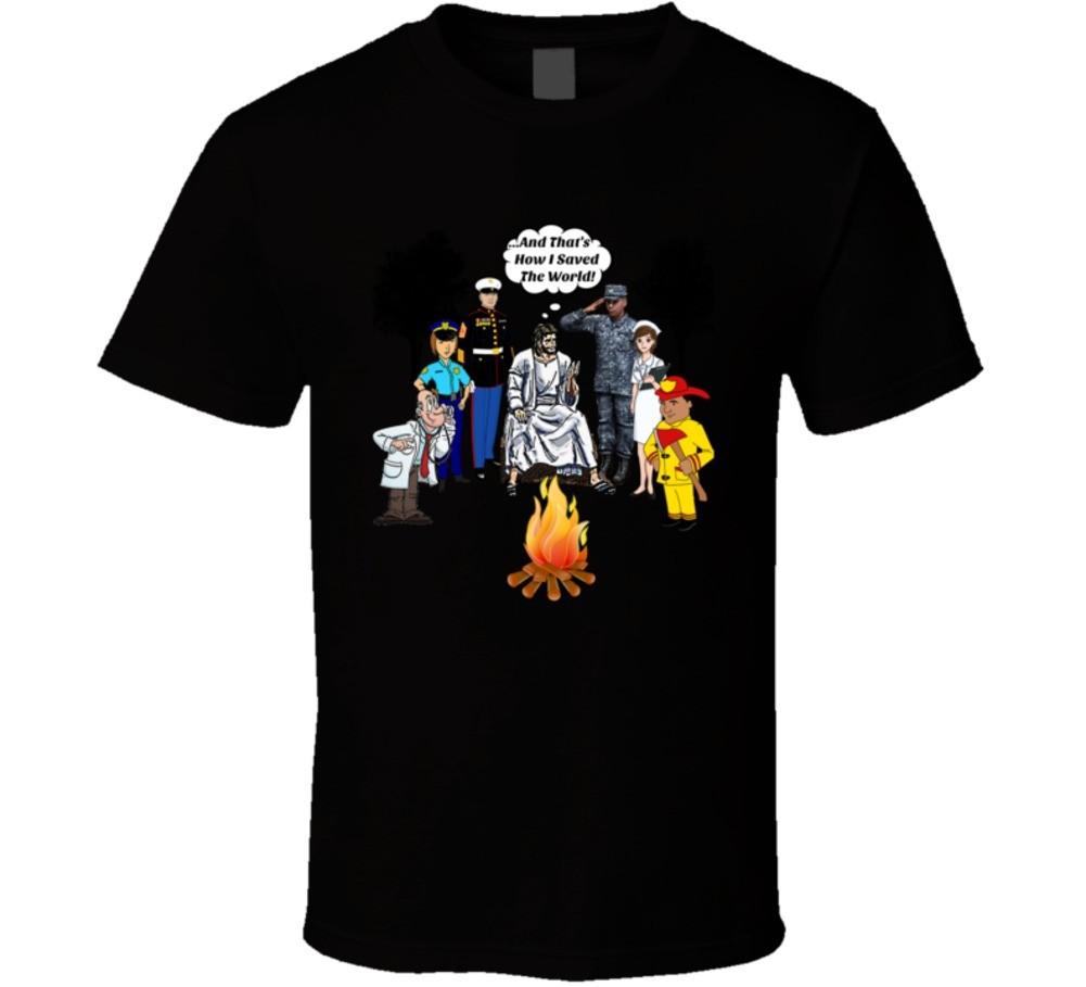 Jesus with Real Heroes Campfire T-Shirt How I Saved The World Christian Gift Tee S