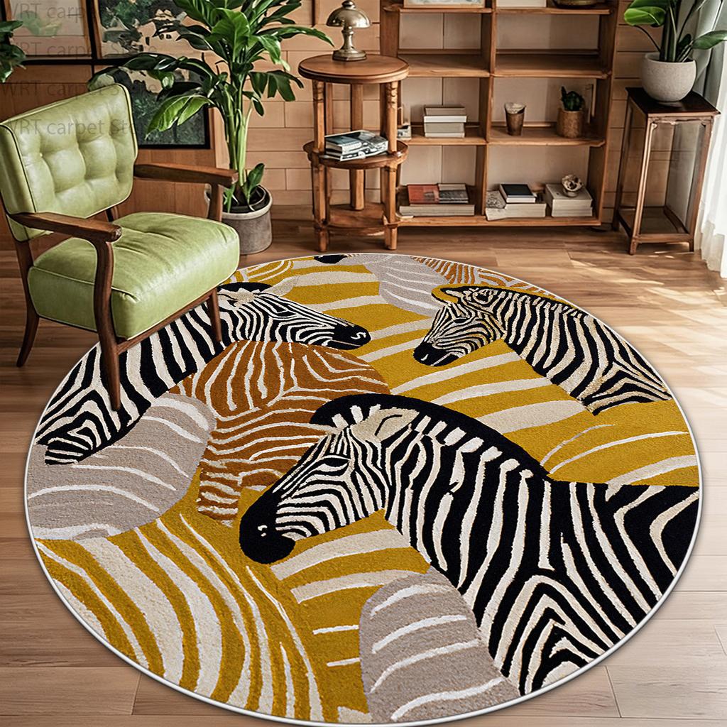 Thickened Children Cute Zebra Round Rug Retro Decor Home Bedroom Living Room Sofa Area Carpet Non-slip Washable Plush Floor Mat