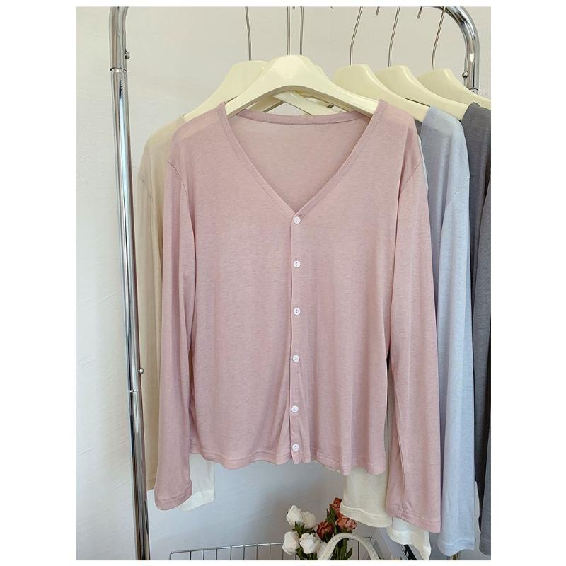 Beiges V-Ausschnitt Knopfleisten-Langarmtop Dehnbarer Weicher Stoff Lockere Bequeme Passform Damen Alltagsbluse