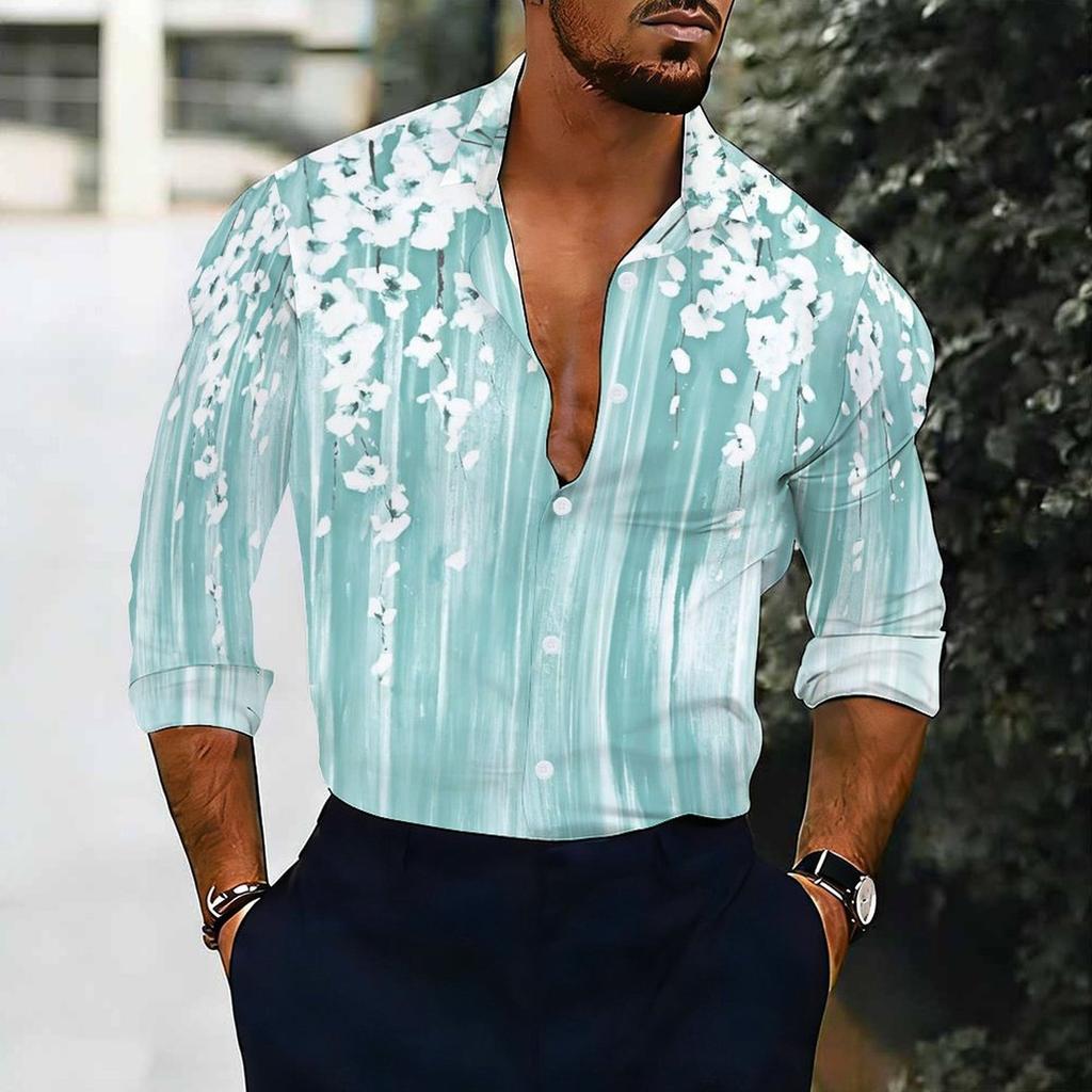 Camisa de Hombre con Cuello Estampado Floral Azul Blanco Diminuto por Todas Partes Manga Larga Botones