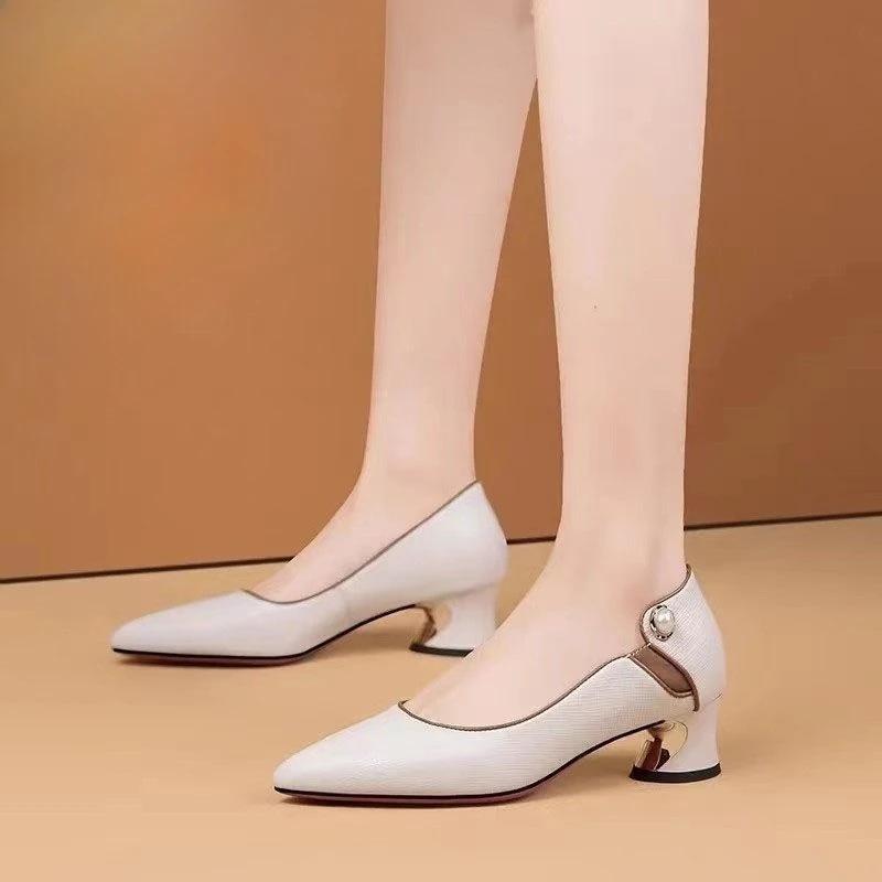 With Medium Heels Chunky Shoes for Women Woman Pumps Block Heel Pointed Toe Moccasins 2025 Trend Fashion Popular On Promotion 39