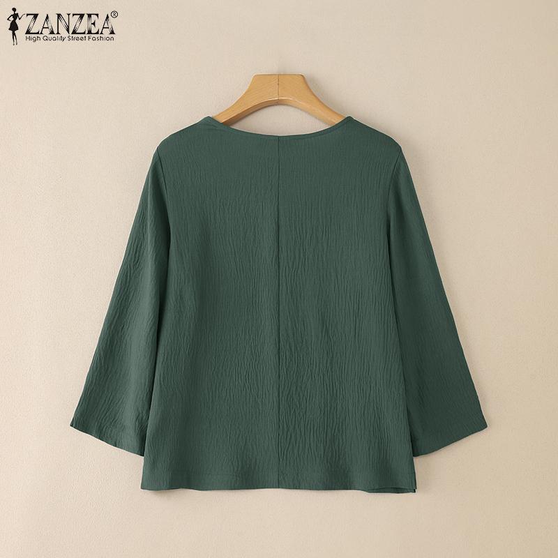 ZANZEA Women Casual Round Neck Solid Color Loose 3/4 Sleeve Blouse