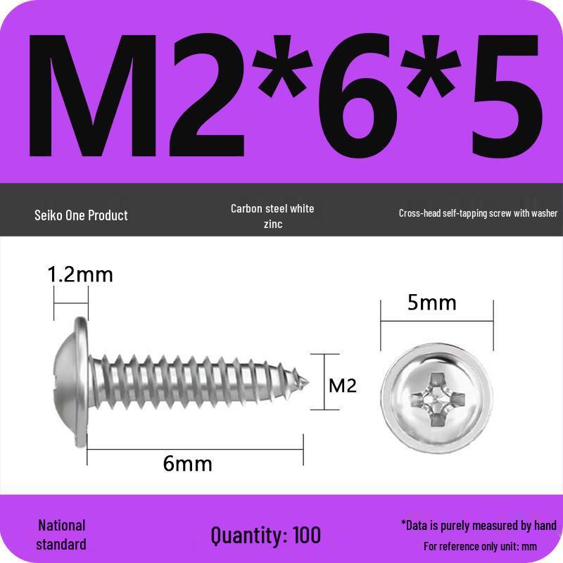 PWA Nickel-Plated Carbon Steel Self-Tapping Screws with Washer, White Zinc Cross Head, Pointed Tail, Sizes: 1.6/1.8/2/2.5