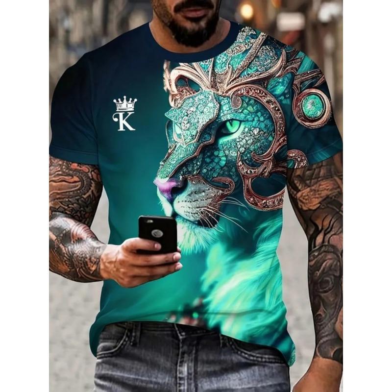 Stylish Tiger 3D Digital Pattern Print Men's Graphic T-shirts Causal Comfy Tees Short Sleeve Pullover Tops Men's Summer Outdoor