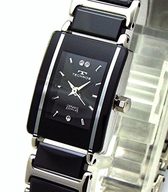 Dámské hodinky TECHNOS Elegantní keramické černé ciferníky Stříbrná kombinace náramku se srdíčkem TSL906TB-SET [Položka]