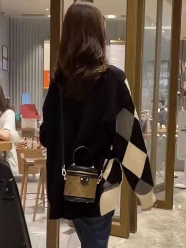 Damen Midilanger Colorblock Rautenstrick Cardigan - Lockerer, Lässiger Stil