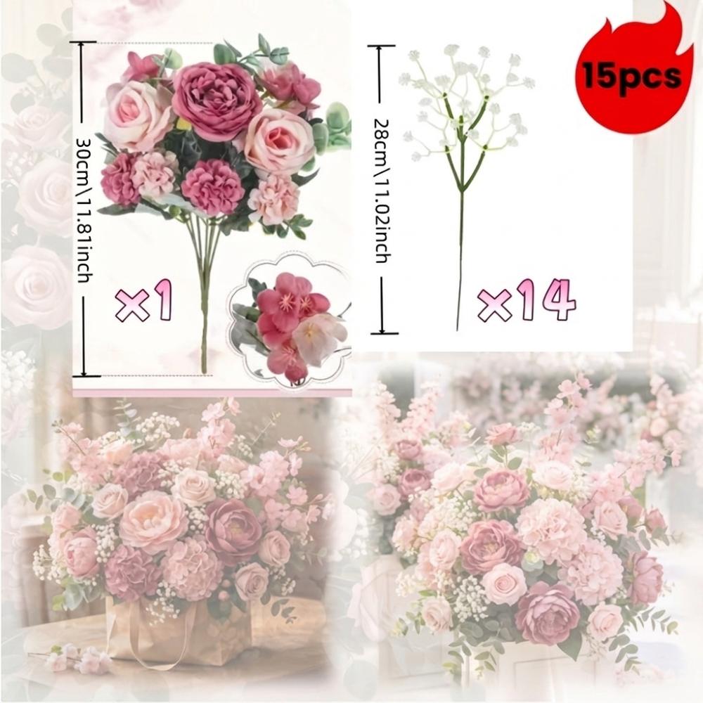 15Pcs Realistic Peony Baby Breath Artificial Flowers Lifelike Real Touch Peony Bouquet with Baby Breath Handmade No Wilting
