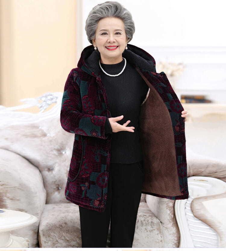 Elderly Women's Cotton-Padded Winter Jacket - Thickened Velvet Coat for 70-Year-Olds