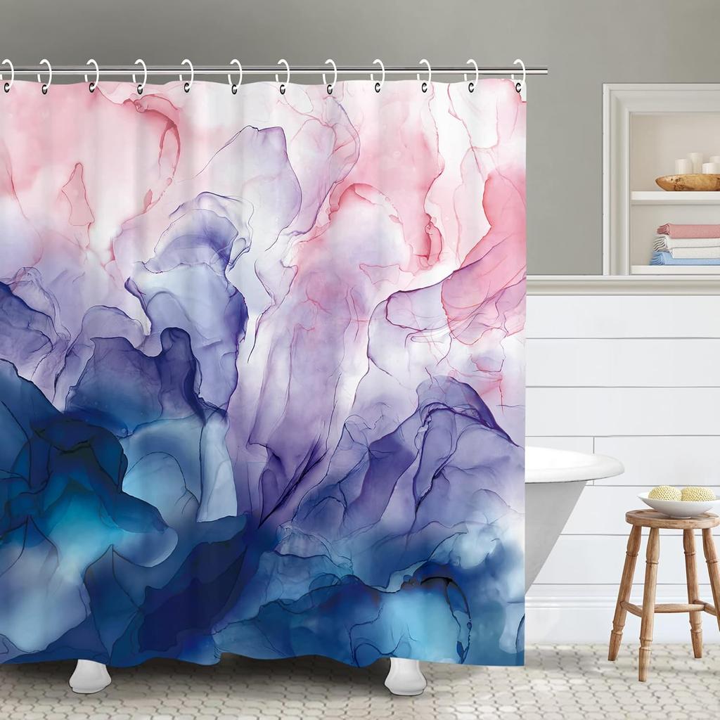 Blue Marble Shower Curtain, Abstract Teal Navy Ombre Striped Design With Hooks