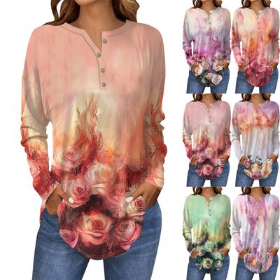 Tee Shirts For Women Fall Casual Long Sleeve Button Shirts Sweatshirt Vintage Printing Top Pullover
