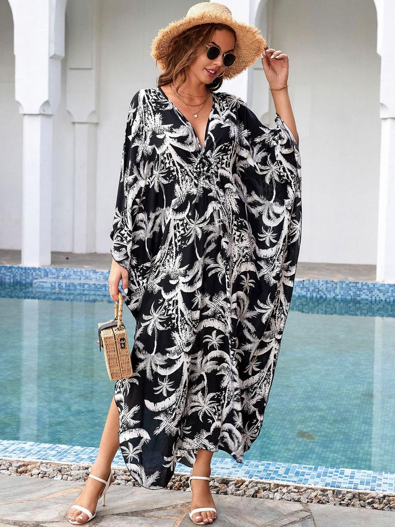 European & American Cotton Print Plus Size Loose Beach Dress Cover-Up for Women