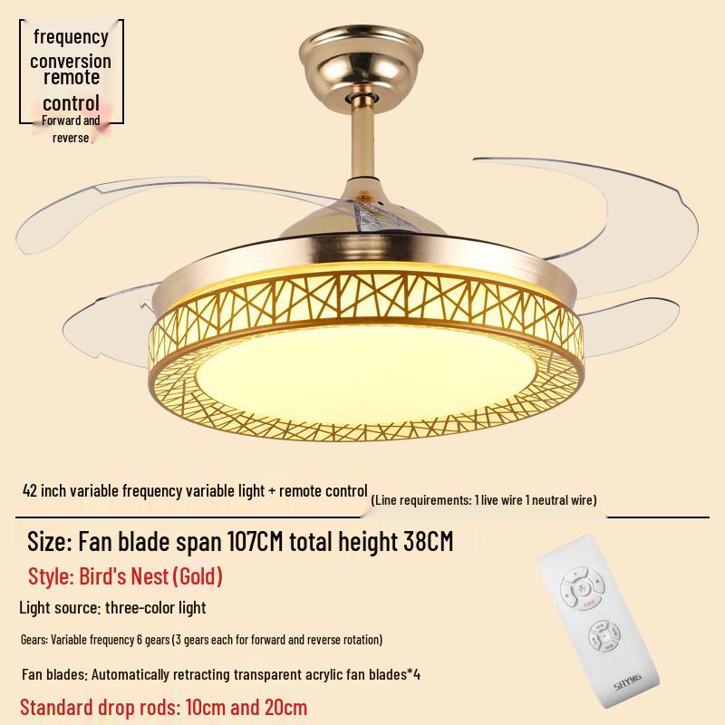 Smart Variable Frequency Ceiling Fan with Chandelier for Living Room, Bedroom, and Restaurant