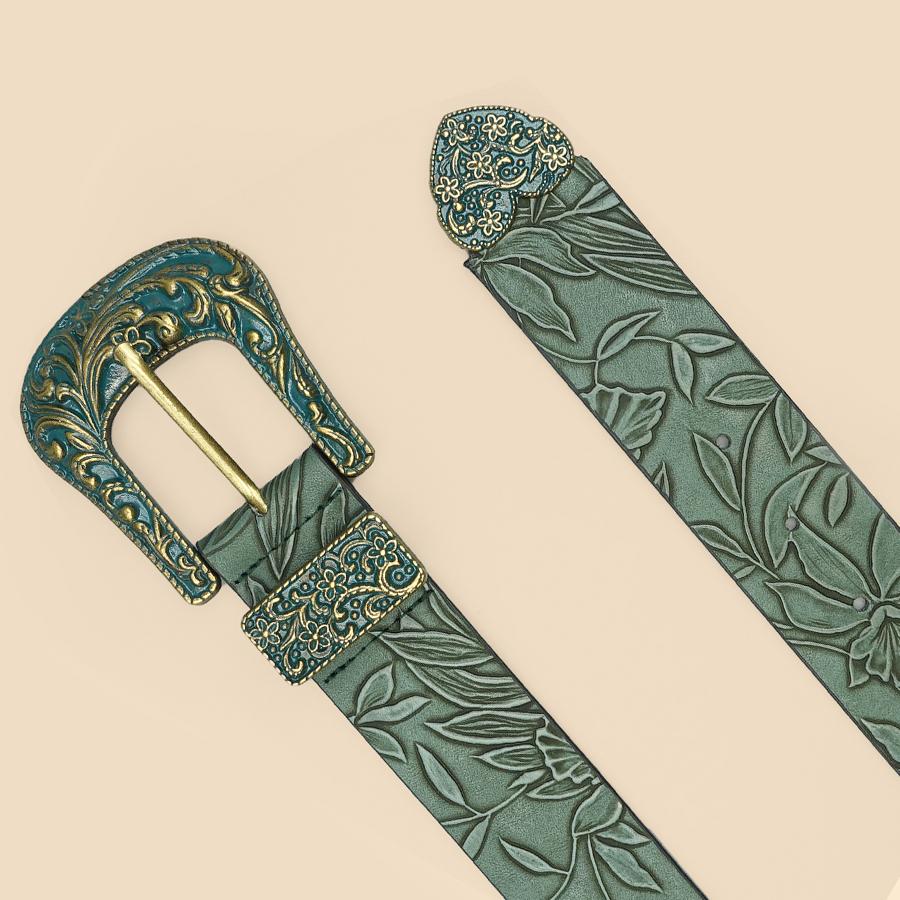 Vintage Dark Color Carved Women's Belt with Leaf Print, Versatile for Autumn and Winter Casual Belt, Daily Commuting Decoration