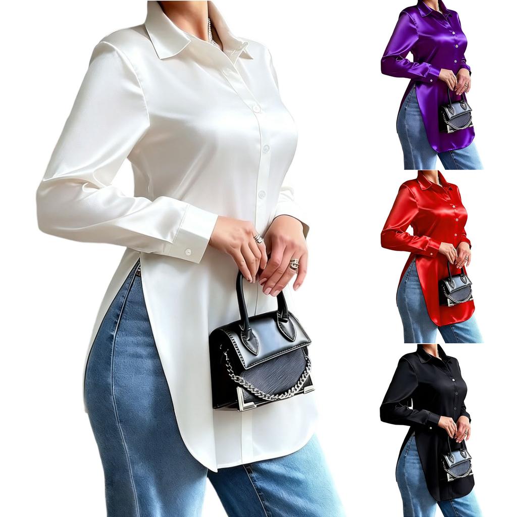 Modna damska, dopasowana, z nieregularnym dołem, długim rękawem, satynowa koszula