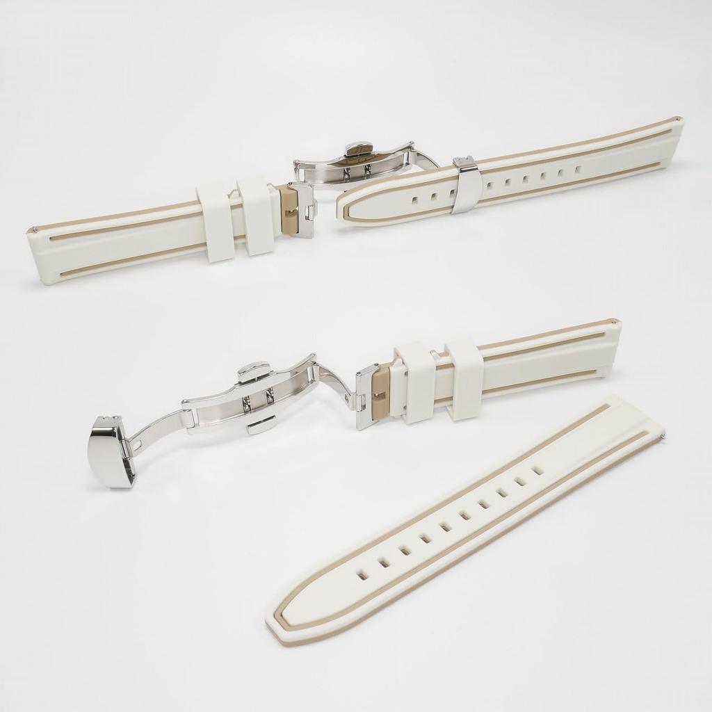 Swatch X Omega Compatible Rubber Strap with Type D-buckle, Double-line (cream/beige Lines)