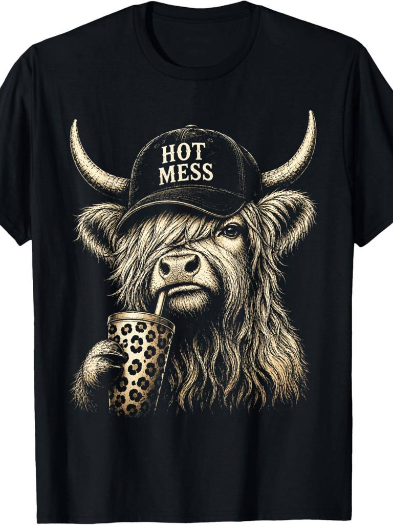 Men' & ' Funny Highland Cow Coffee T-Shirt - Scottish Cow Print Graphic Tee Suitable for Coffee Love
