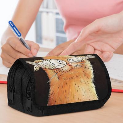 Double Layer Pencil Case, Vibrant Printed Pencil Pouch with Cat with Fish Glasses Design, Fashion Storage Bag, Portable Pencil Case with Zipper, Durab