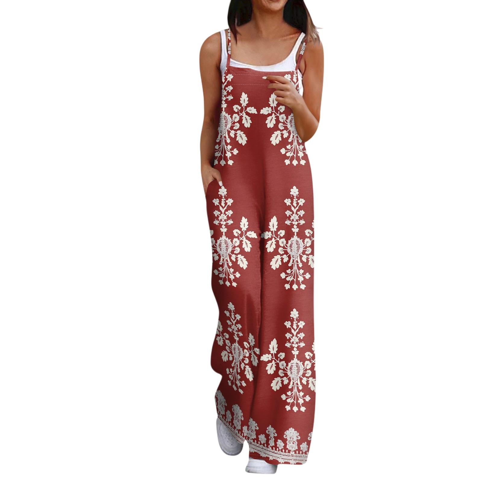 

Широкий комбинезон для женщин, повседневный свободный комбинезон без рукавов с принтом и пуговицами, длинные брюки, комбинезон с карманами XL красный