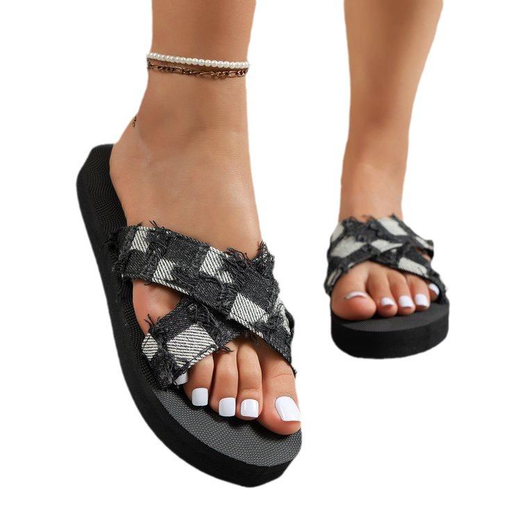 2024 Women's Large-Size Cross-Strap Denim Plaid Casual Beach Sandals