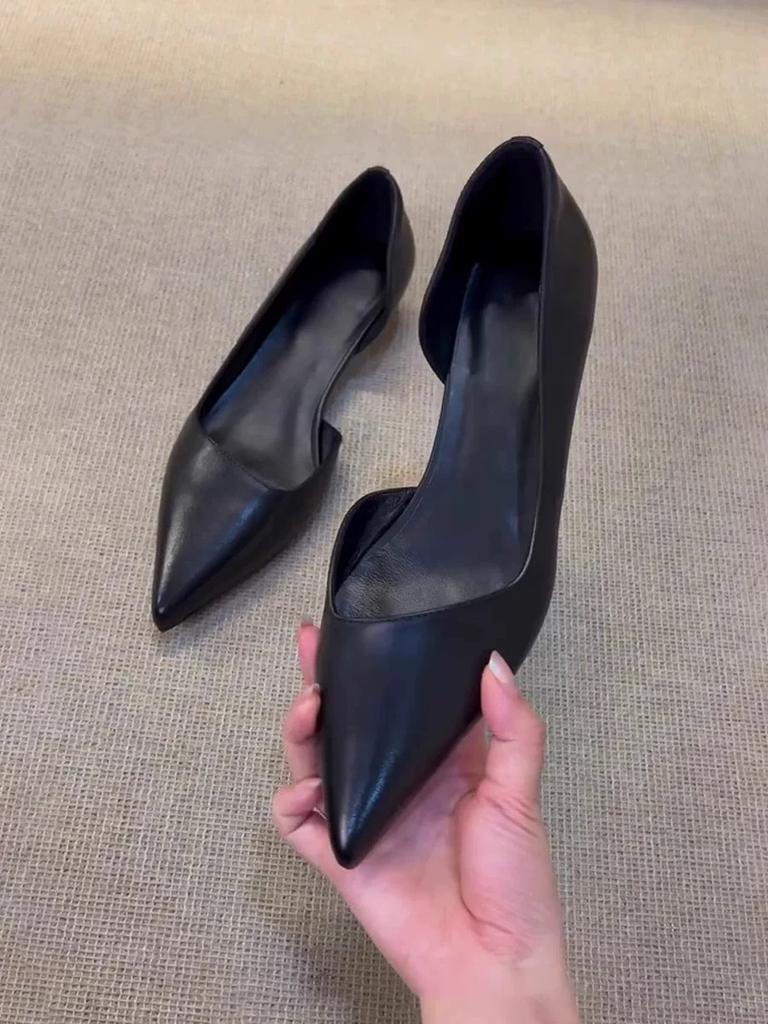 Cowhide Version~ Minimalist Style Pointed Head Shallow Mouth Side Empty Single Shoes Women's 2025 New Summer and Autumn Versatile Low-heeled Commut