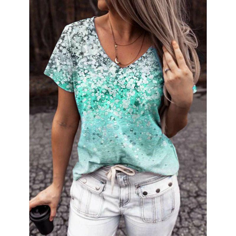 Elegant Womens V-neck Short Sleeve Floral Print Tops T-shirt For Casual Wear