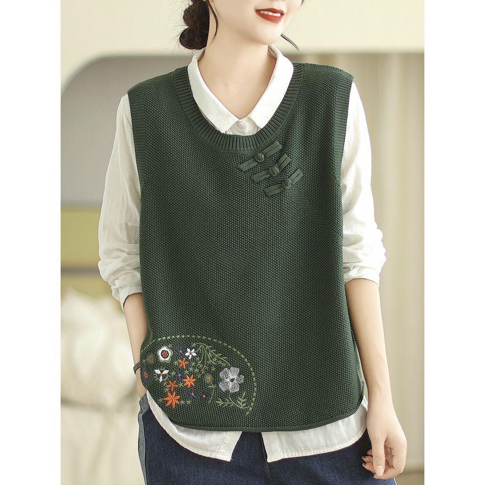 

Женский свитер с круглым вырезом весна-осень без рукавов с вышивкой на пуговицах свободный универсальный трикотажный топ XXXL зелёный