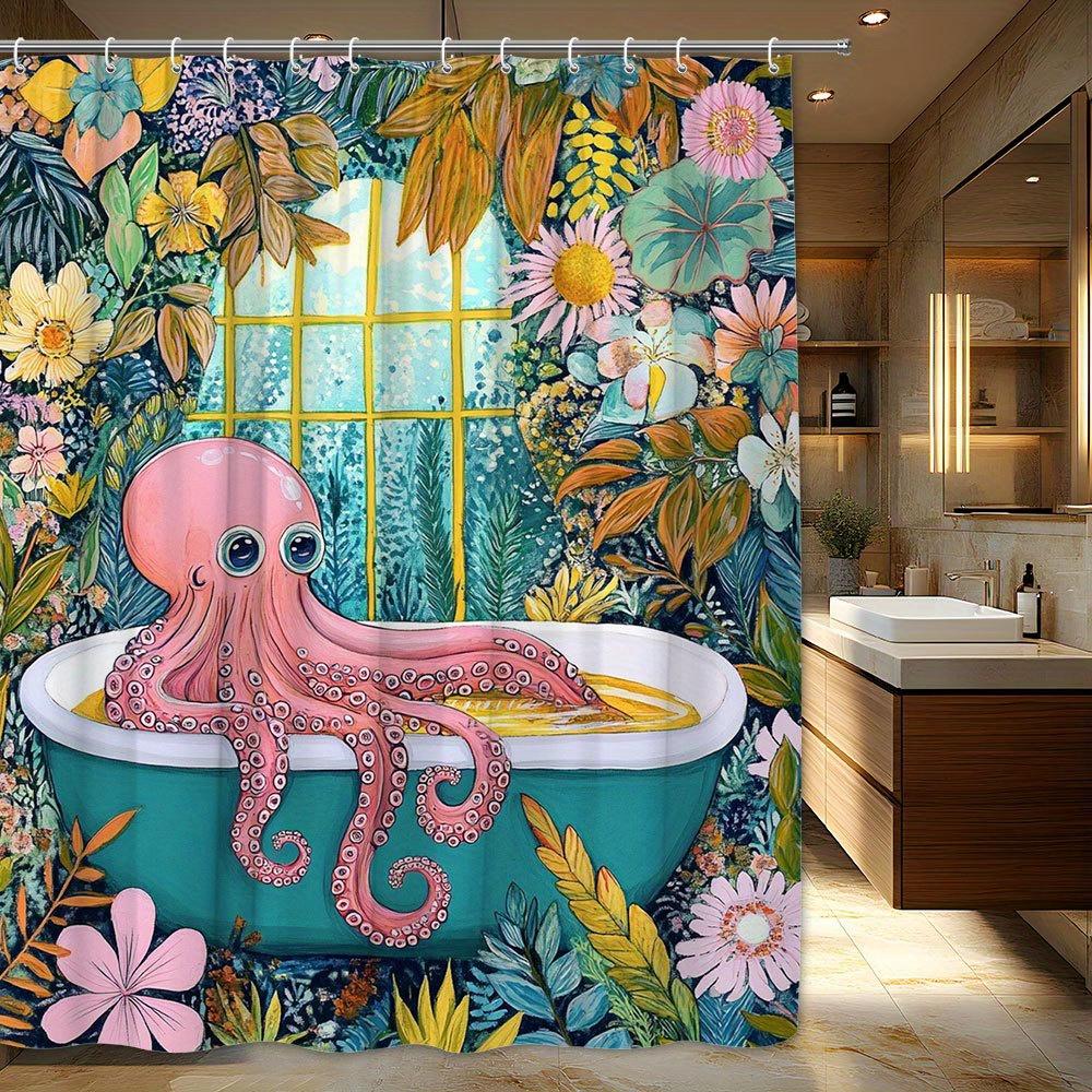 1pc Whimsical Octopus Shower Curtain - Pink Octopus Lounging in Teal Bathtub Amidst Vibrant Flowers & Greenery, Dreamlike Scen 90x180cm