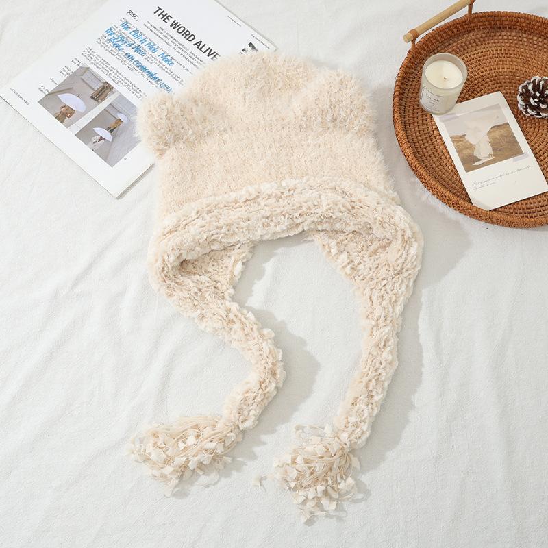 Sweet and Cute Bear Ear Plush Warm Hat Winter Outdoor Plus Velvet Thickened Cold Hat Big Head Flange Hat