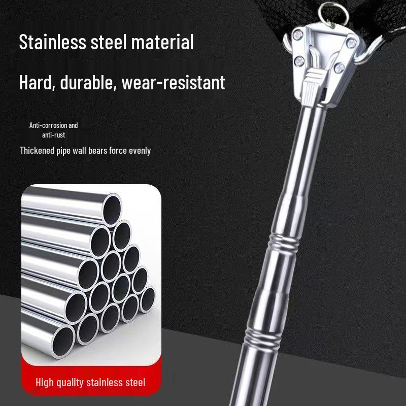 Telescopic Triangle Folding Fishing Net with Stainless Steel Handle - Black