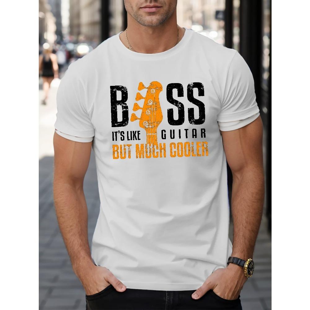 European sizes BASS IT'S LIKE GUITAR BUT MUCH COOLER Letters Print Casual Crew Neck Short Sleeves For Men, Quick-drying Comfy Casual Summer T-Shirt