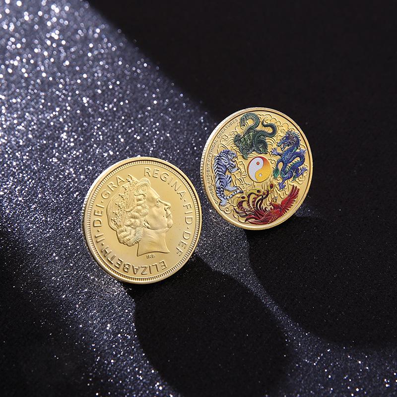 Four ancient Chinese mythical beasts commemorative gold coins, Taoist Bagua commemorative medals, collectibles, and tourist souvenirs