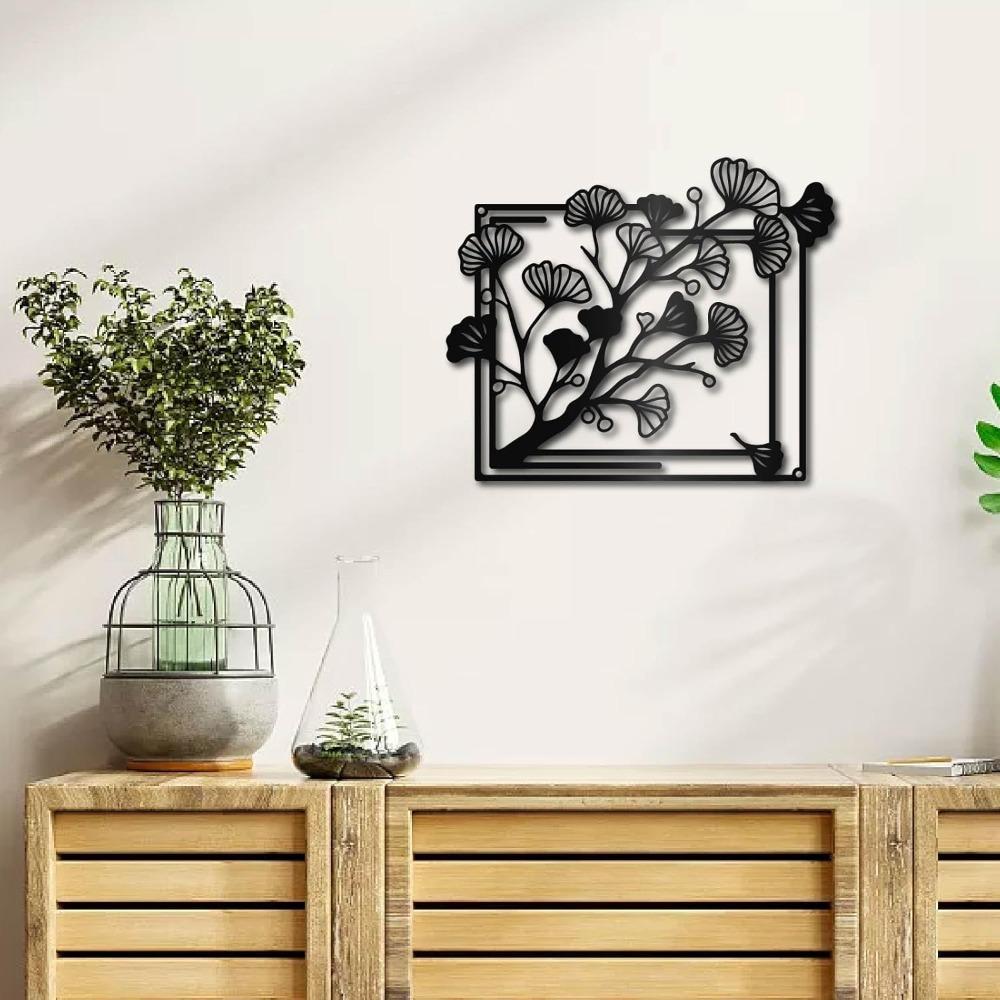 Ginkgo Metal Wall Art Iron Leaf Decor Hanging Ornament for Home Living Room Bathroom Garden Indoor Outdoor Gift 11.8x9.8 Inch