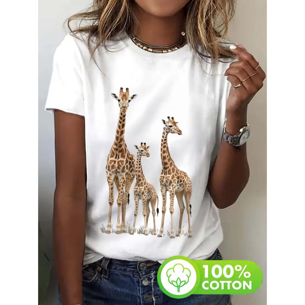 T-shirt da Donna con Stampa Genitore Giraffa - Manica Corta Girocollo Blusa Casual Top con Giraffa & Abbigliamento Casual Primavera Estate