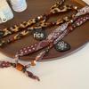 Retro Paisley Leopard Print Silk Scarf Necklace with Beaded Pendant - Women's Versatile Long Sweater Chain for Autumn & Winter.