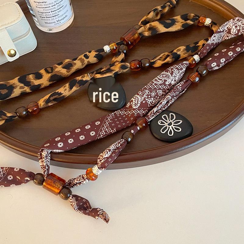 Retro Paisley Leopard Print Silk Scarf Necklace with Beaded Pendant - Women's Versatile Long Sweater Chain for Autumn & Winter.